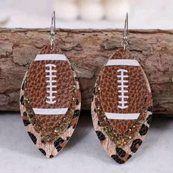 🏈 New! Layered Leopard Glitter PU Leather Football Dangle Earrings