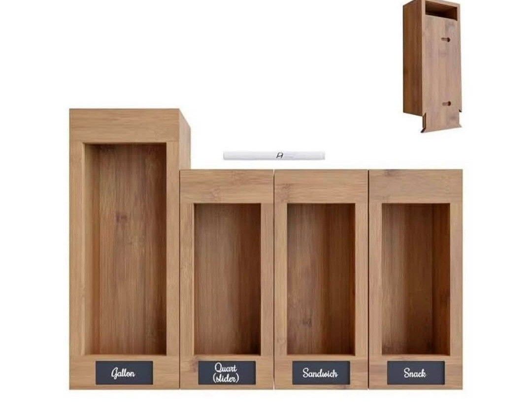 Storage Bag Organizer, Bamboo Baggie Organizer for Drawer, 4 Modular Blocks with Labels, Plastic Bag