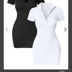 OQQ Women's 2  Dresses Sexy Ribbed Zip Front Short Sleeve Stretch Tops Mini Dress Black White Size XL