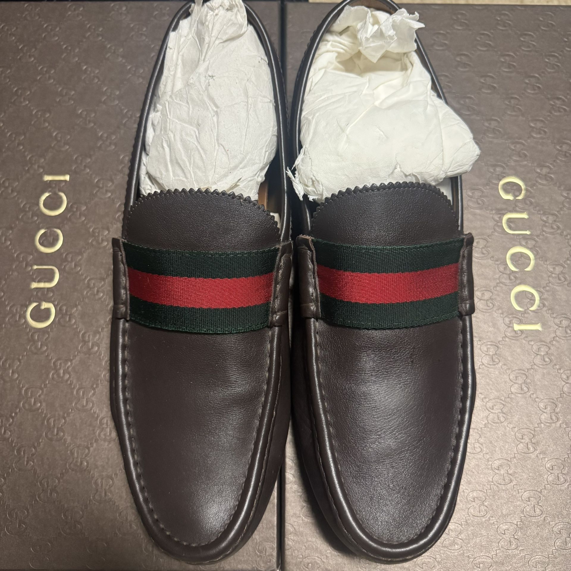 Gucci Men’s Leather Loafers Driving Shoes – Brown with Web Stripe – Size US 11/UK 10