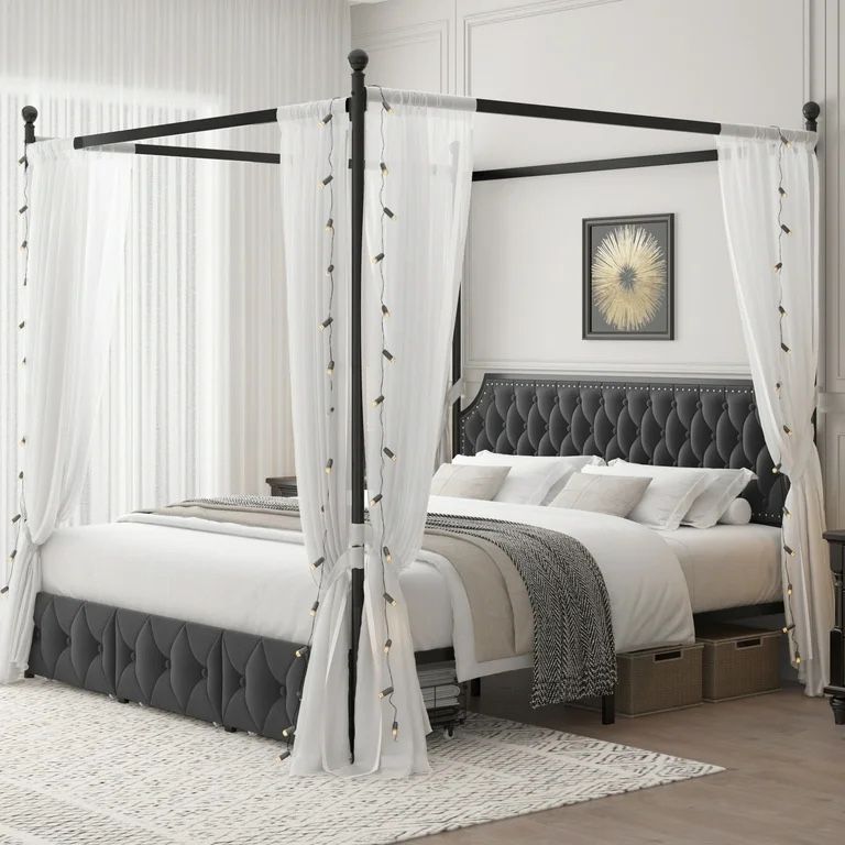 King Size Canopy Bed Frame with 3 Storage Drawers, Metal Platform Bed (Curtain Not Included)