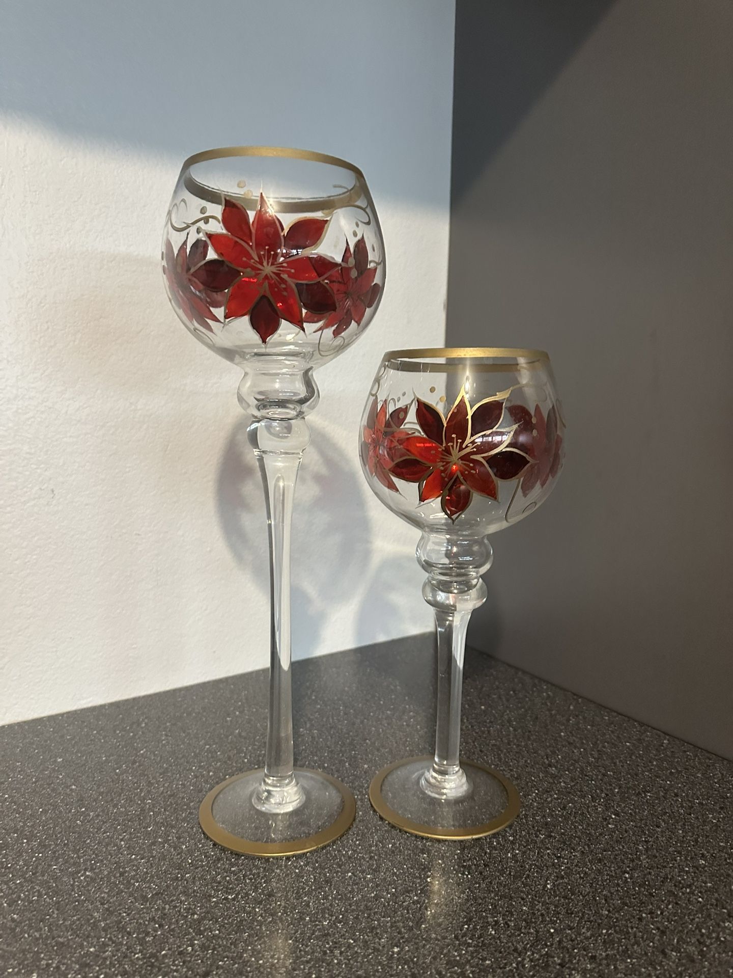 Set Of 2 Poinsettia Glass Candle Holders In Good Condition, $13 For Both, No Holds, Trades Or Deliveries, Same Day Pick Up