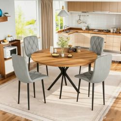 Round Kitchen Table and Chairs Set, 5-Piece Dining Room Table Set with Faux Marble Top & 4 Luxury Diamond Tufted Chairs, Used in Kitchens and Dining