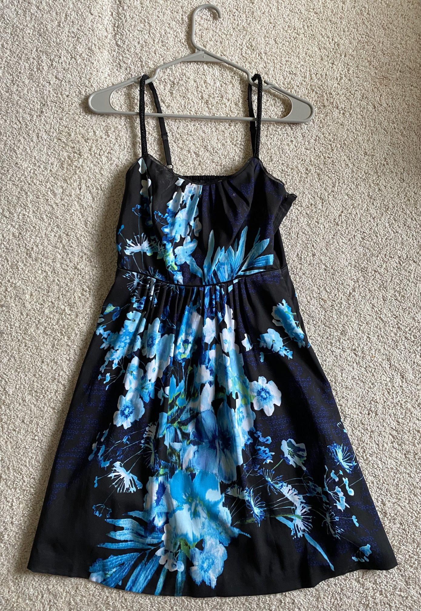 Black Sundress with Spaghetti Straps and Electric Blue Floral Patterning