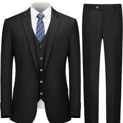 Cooper & Nelson Men's Suit Slim Fit, 3 Piece Suits for Men, One Button Solid Jacket Vest Pants with Tie, Tuxedo Set