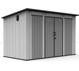 New in Box Domi 6x11FT Outdoor Storage Shed w/ Floor Mat & Sloping Roof Resin Storage