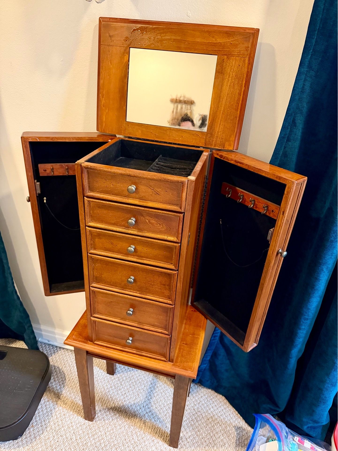 Solid Wood Standing Jewelry Armoire with Mirror & Side Doors