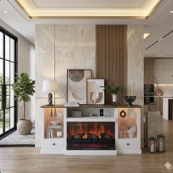 70" Fireplace Media Console | White & Wood Finish | LED Lighting