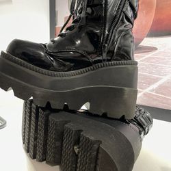 Demonia Shaker-52 Patent Black Rave Boots