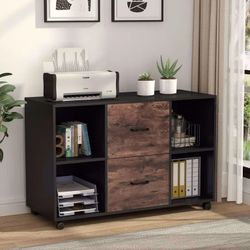 2 Drawer Wood File Cabinet Letter Size, Large Mobile Lateral Filing Cabinet Printer Stand with Storage Shelves and Wheels for Home Office, Rustic Brow