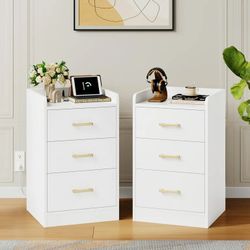 White 3-Drawer Nightstand with Charging Station