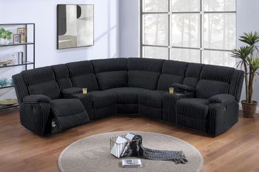 Manual Sectional Recliner, Black Fur like Corduroy fabric, New Especial price