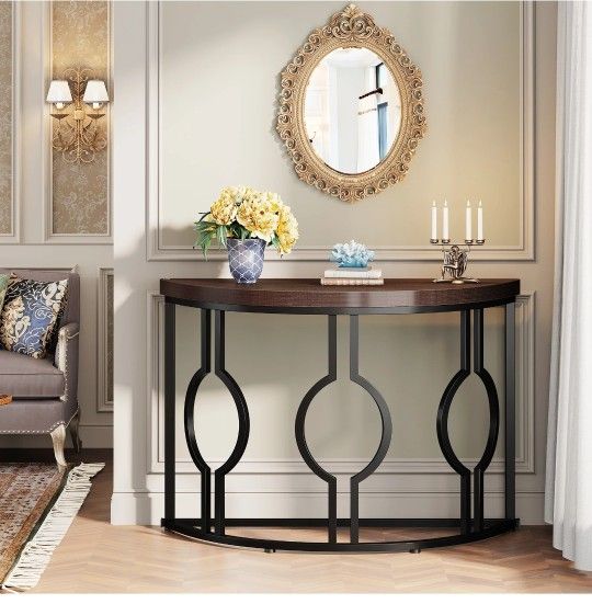 43" Industrial Console Table, Half Moon Shaped Accent Sofa Table