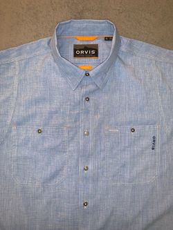 Orvis Size Extra Large Mens Tech Chambray Shirt Light Blue Short Sleeve Fish 🐟