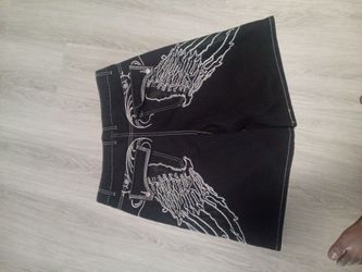 Black Denim Shorts with Wing Embroidery