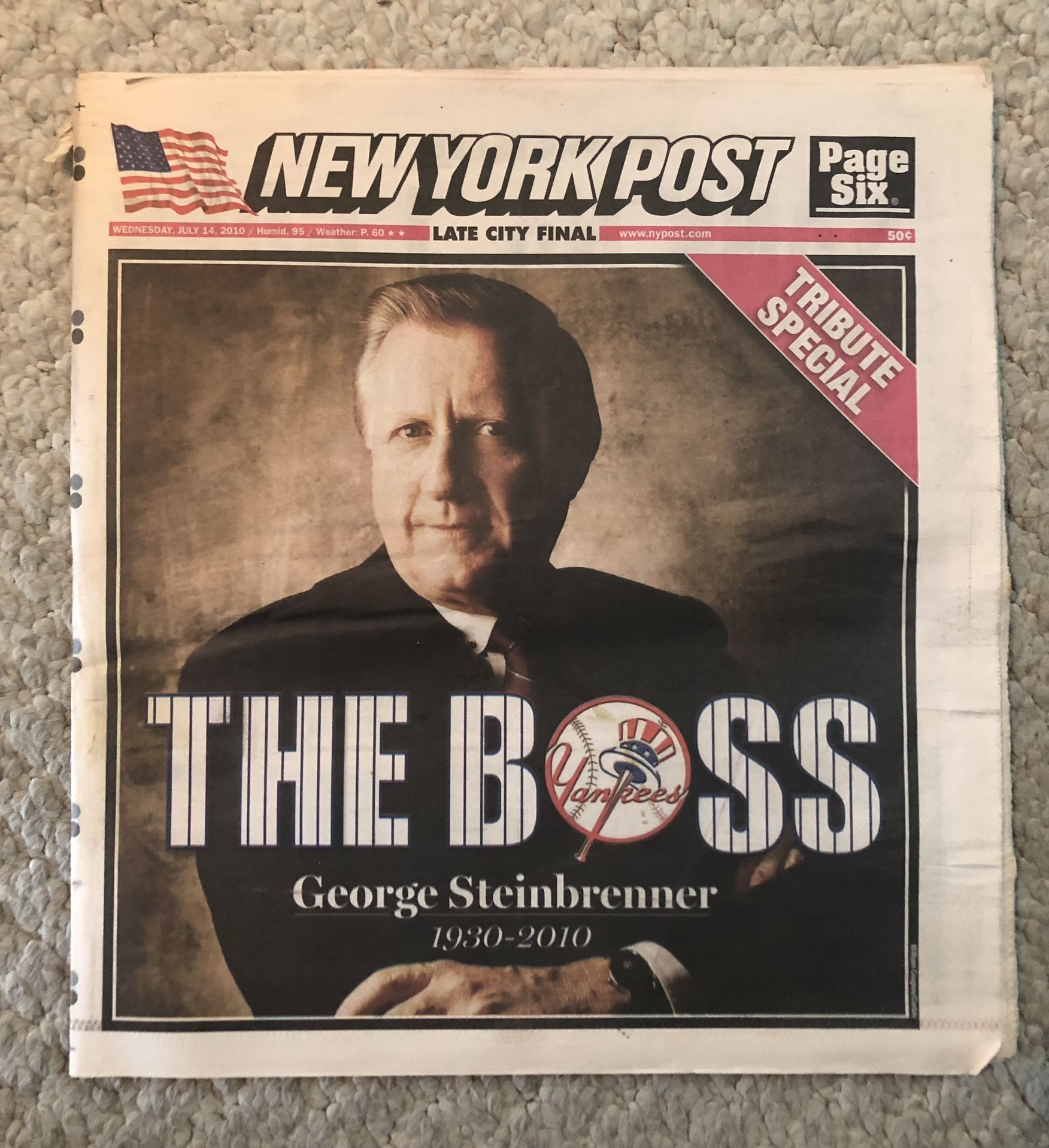 New York Post-July.14,2010 Ny Yankees The Boss-George Steinbrenner Passes-Complete Paper VGC-Ads 
