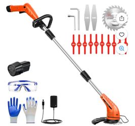 GardenJoy Weed Wacker Battery Operated: 12V Cordless Grass Trimmer with 2.0Ah Battery, Fast Charger and 3 Types Cutting Blade, Portable Electric Lawn 