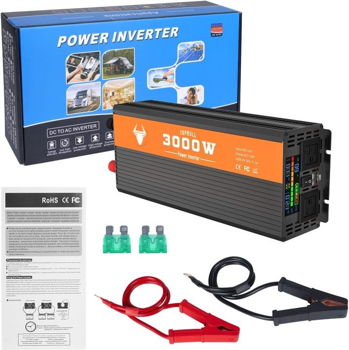 Power Inverter 3000 Watt, 12V DC to 110V AC Converter. Dual AC Outlets, USB Port. RV, Camping