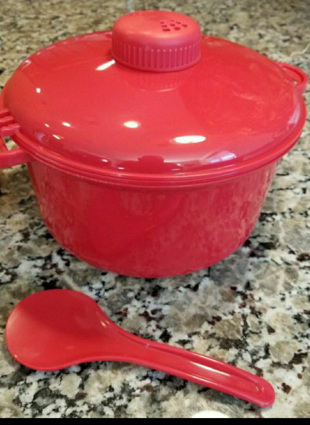 New Red Microwave Rice Cooker with Spoon, Cup and Directions