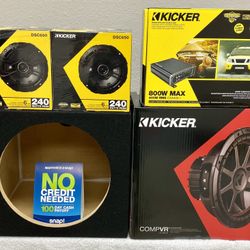 New (1) 12” inch Kicker CVR 800 Watts Subwoofer + Kicker 800 Watts Monoblock Amp + (4) 6.5” Speakers {No Credit Easy Financing} 🔊🔥