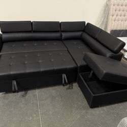 Modern Adjustable Headrest Black Sectional,Black Faux Leather Sofa, L-Shaped Sofa With Pull-out Bed, Sofabed, Sectional Sofa Bed, Black Couch