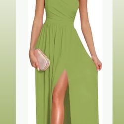 Women's Size (Small)Lime Green One Shoulder High Split Sleeveless Ruched Maxi Long Dress