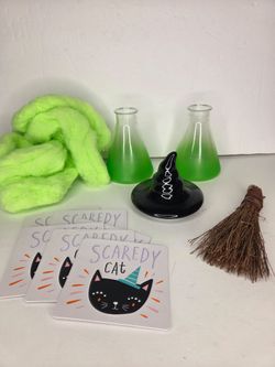Halloween Tiered Tray Decor Set Witch Hat Broom Potion Flasks Cat Coasters Lot