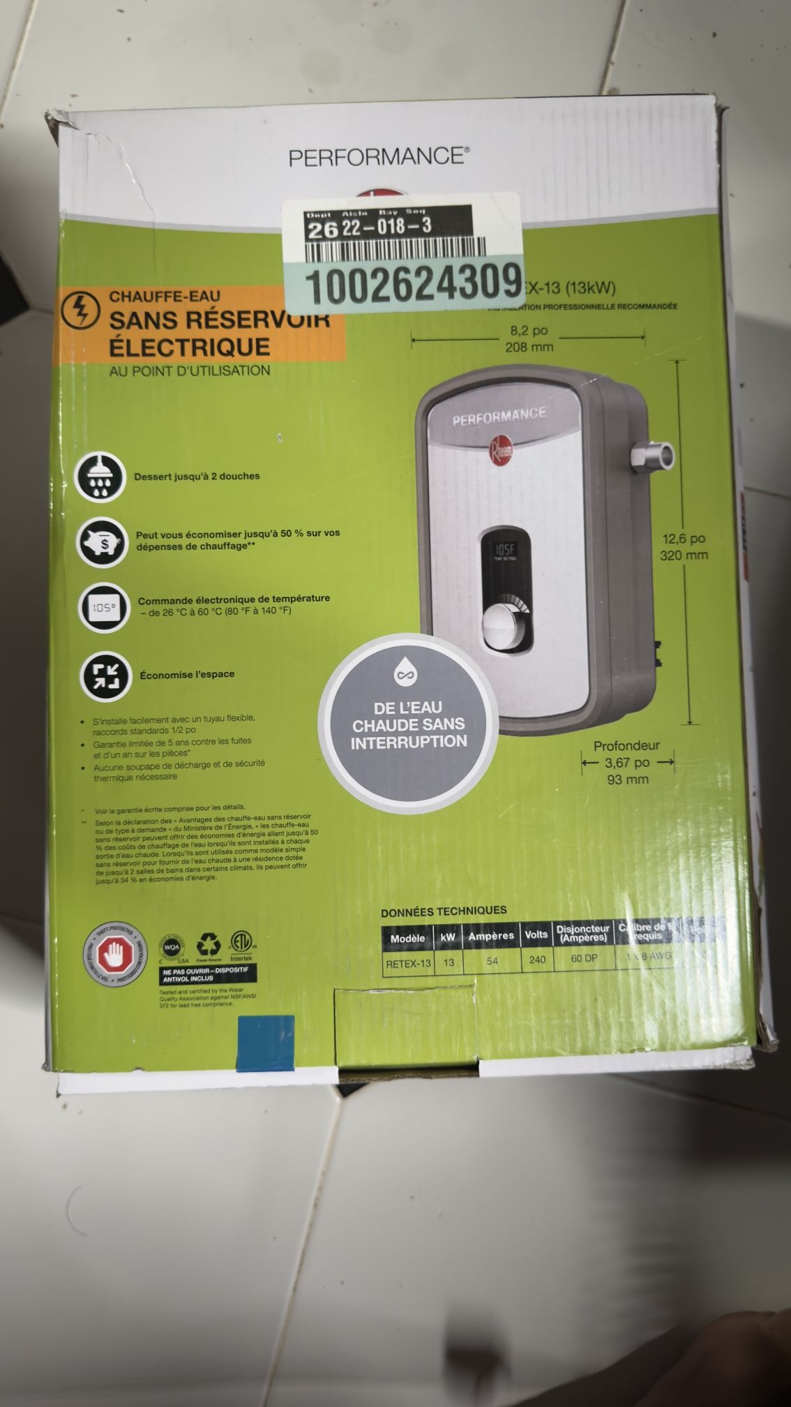 Rheem Performance 13 kW 2.54 GPM 240-Volt Self-Modulating Electric Tankless Water Heater 1.2k