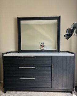 Dark Gray Dresser with Mirror and Marble Top