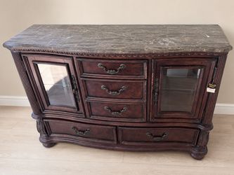 Dark Wood Buffet Sideboard with Marble Top