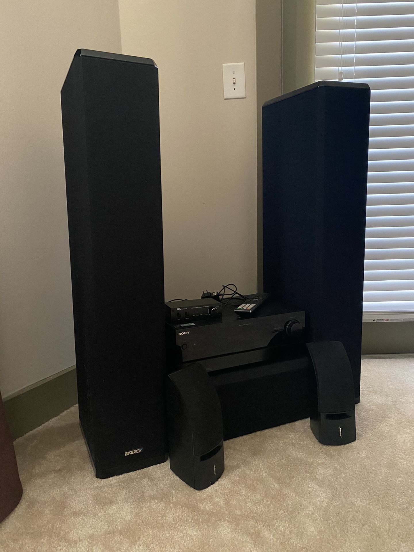 Sony Home Theatre System with Channel Changer, Energy Home Theatre Speakers, and Bose Surround Sound Wall Speakers (wires, wall mount and screws incl