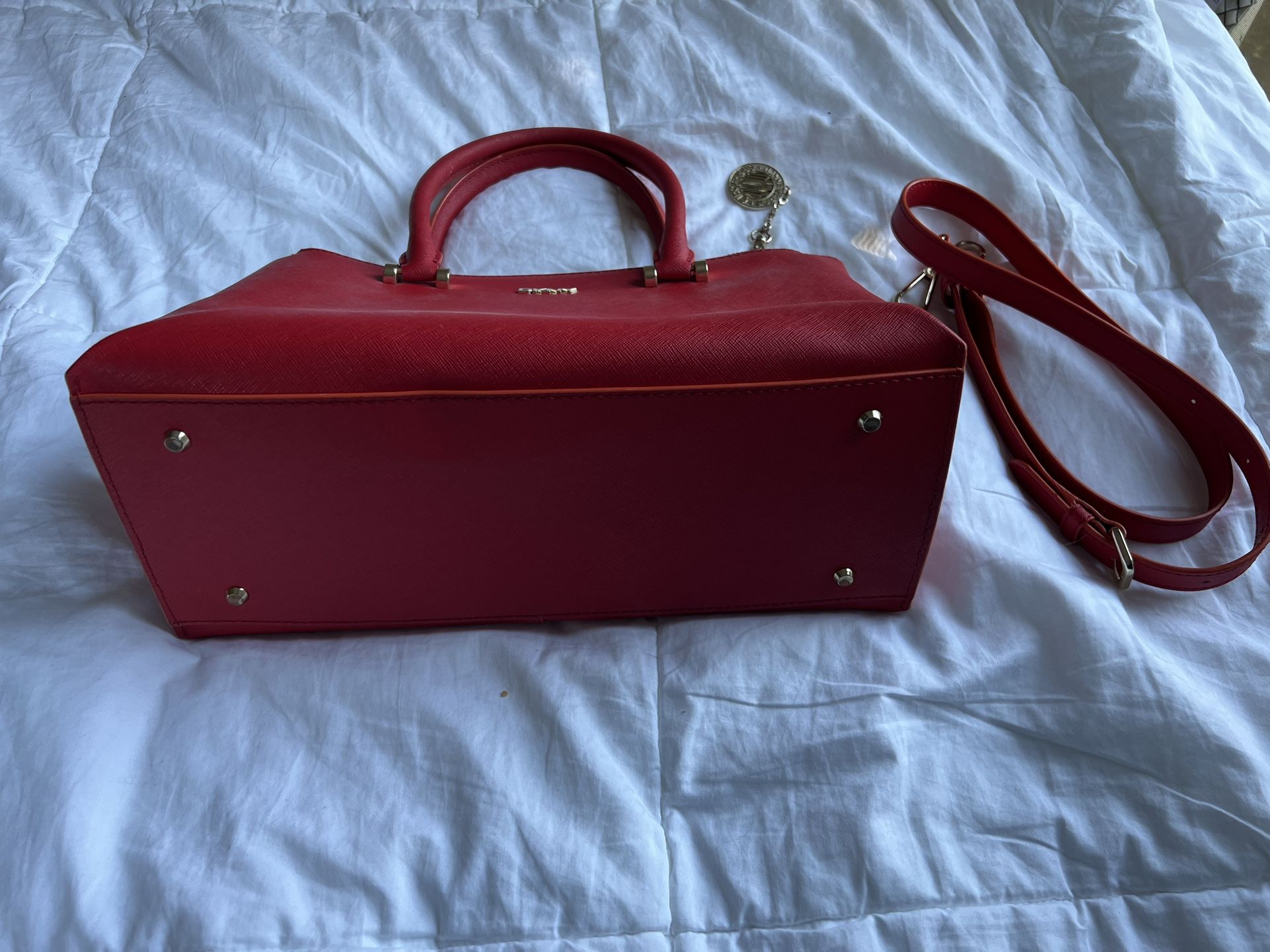 Dkny Purse Red Saffiano Leather Double Zip Tote