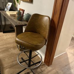 Vintage 1960s Mid Century Admiral Chrome Corp. Industrial Swivel Bar Stool Brown Leather  One mark shown. Stamped on bottom 