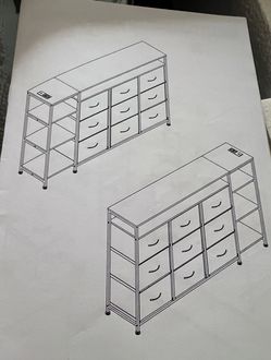 Black dresser with cloth drawers and led strip with 2 power cord outlets/2 usb outlets