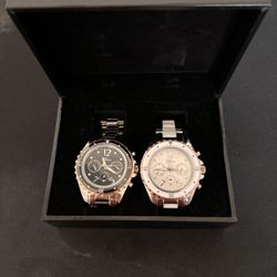 Titina 434 White/Silver and Black/Silver Watch Set with Case- Stainless Steel Rhinestone