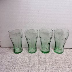 4 Coca Cola Green Juice Glasses 4” Embossed Coke Logo Small Drinking Glasses