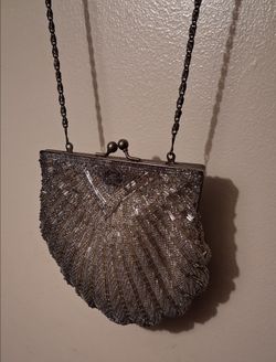 Silver Beaded Evening Bag with Chain Strap
