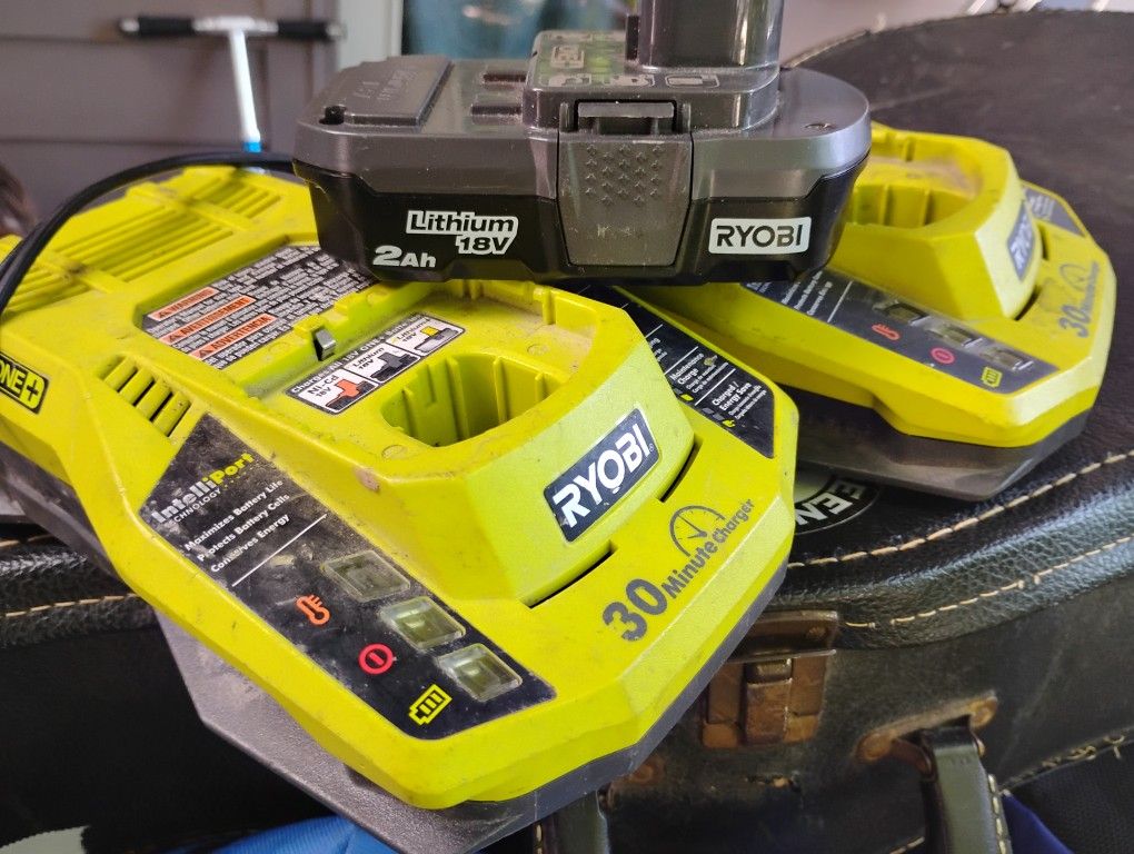 Two Ryobi One+ Power Tool Chargers With 2Ah Lithium Battery
