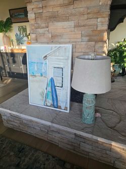 Coastal Beach Scene Framed Canvas Wall Art & lamp