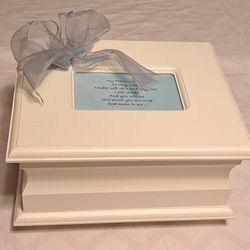 Wooden Baby Keepsake Box White Blue Ribbon