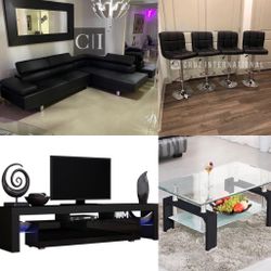 New Black Tv Stand, Sectional, Coffee Table And 4 Bar Stools 
