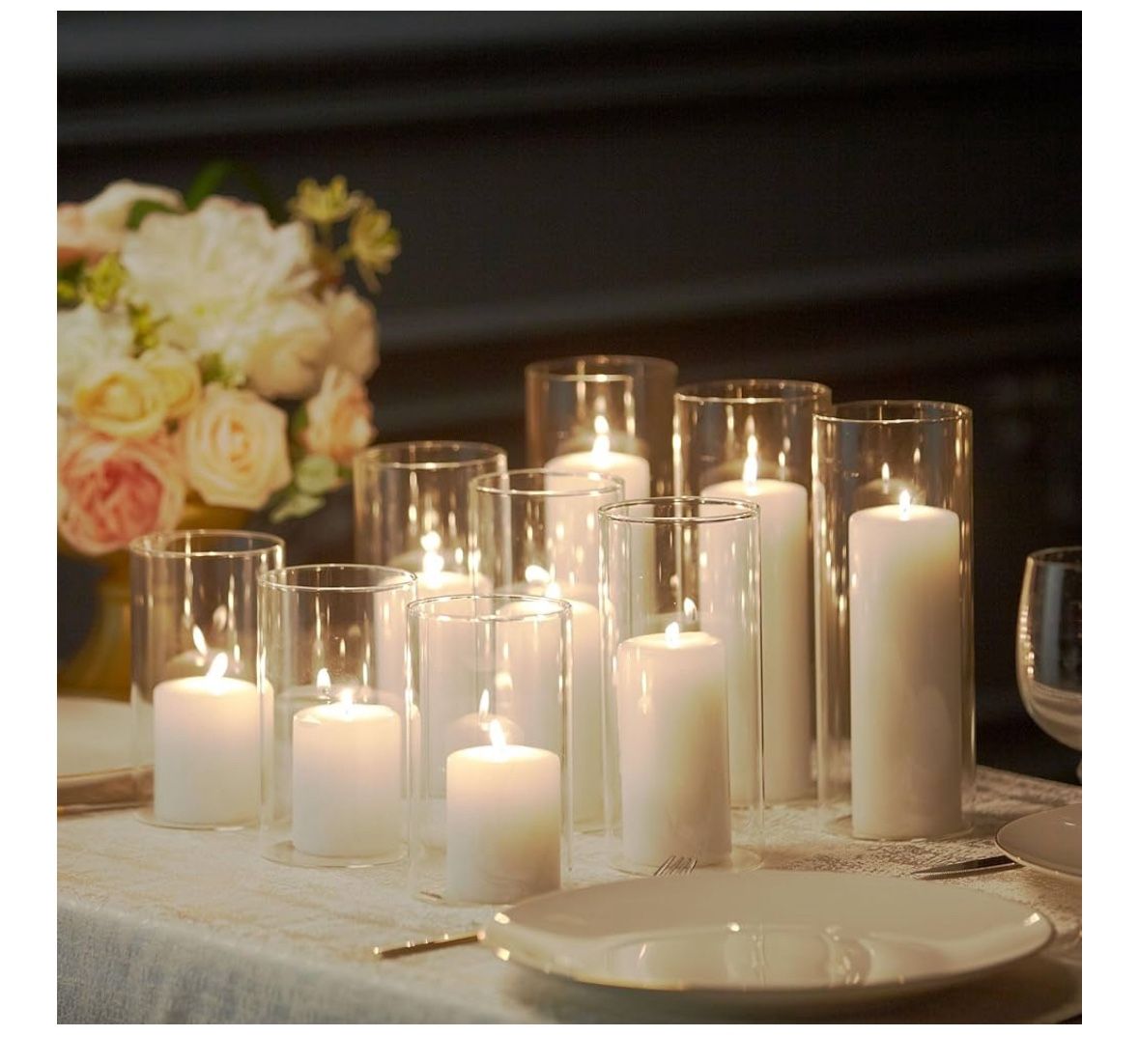 Assorted Wedding Tabletop decor: Vases, Votives, Taper Hurricanes