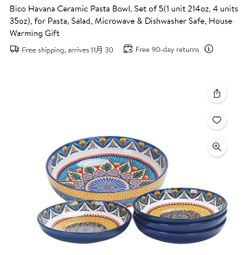 Bico Havana Ceramic Pasta Bowl, Set of 5(1 unit 214oz, 4 units 35oz), for Pasta, Salad, Microwave & Dishwasher Safe, House Warming Gift