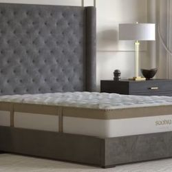 Gray King Size Upholstered Headboard and Base Frame Only