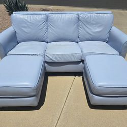 Periwinkle Leather Couch with 2 Ottomans