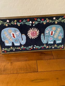 World market two blue elephants embroidered floral wall art hanging. Tag price $79. Large ! Bo Ho .