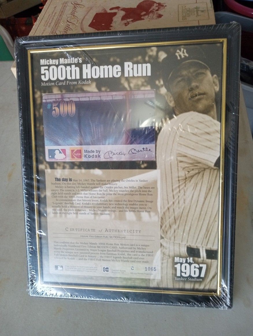 Mickey Mantle's 500 Th Kodak Motion Picture Framed Card. Certificate Of Authenticity. 12x9.