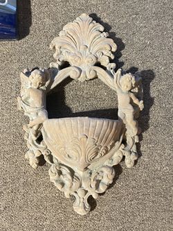 Pair Winged Angels Holding Shell Heavy Garden Wall Plaque