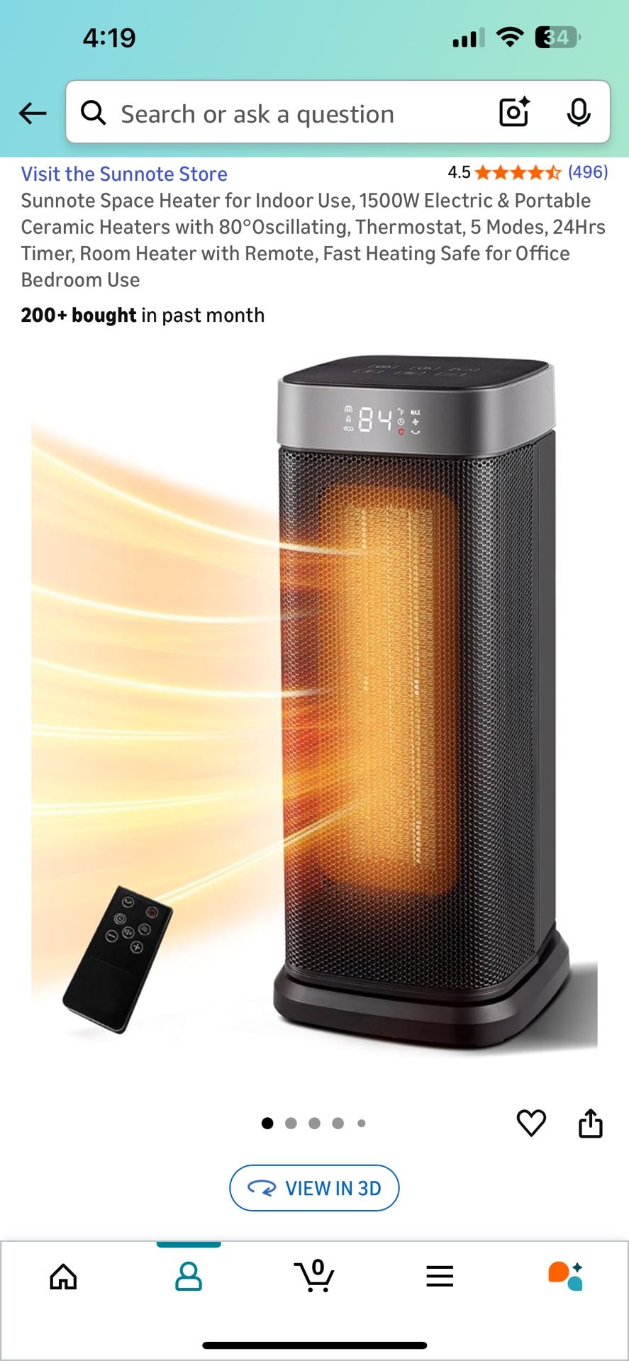 New-Sunnote Space Heater for Indoor Use, 1500W Electric & Portable Ceramic Heaters with 80°Oscillating, Thermostat, 5 Modes, 24Hrs Timer, Room Heater 