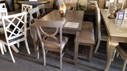 Brand new gray dining table (60"×36"×30"H) + 4 gray linen chairs + bench